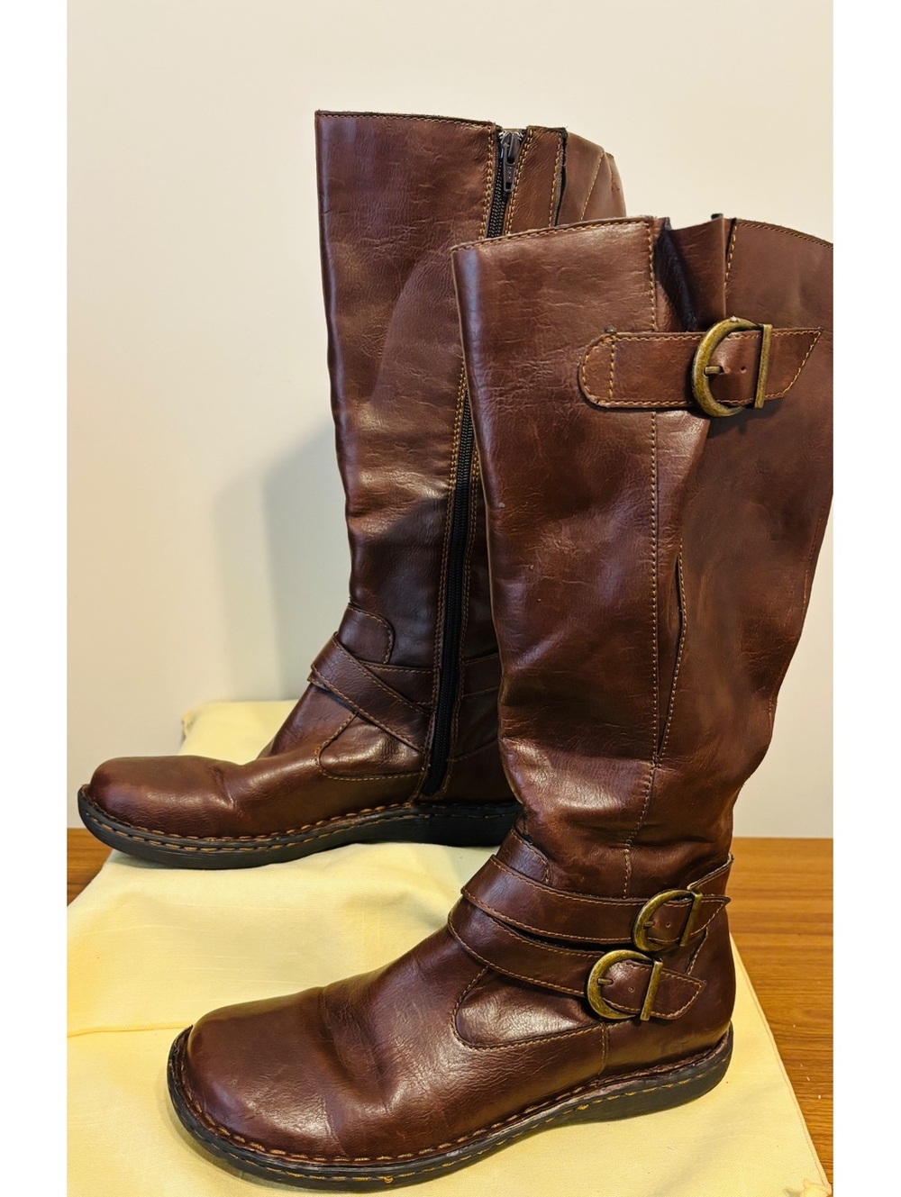 Brown leather tall buckle boots